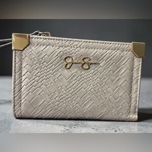 Jessica Simpson Textured Beige Wristlet/Wallet with Gold Corners